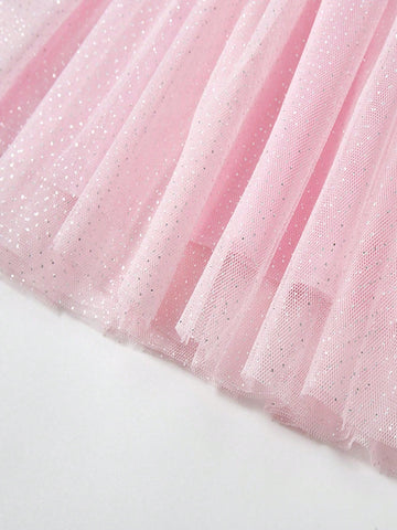 Young Girls' Cute Cartoon Patchwork Embroidery Mesh Short Sleeve Dress With Round Neckline For Summer, Western Style