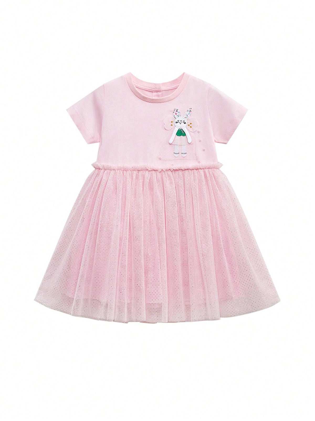 Young Girls' Cute Cartoon Patchwork Embroidery Mesh Short Sleeve Dress With Round Neckline For Summer, Western Style