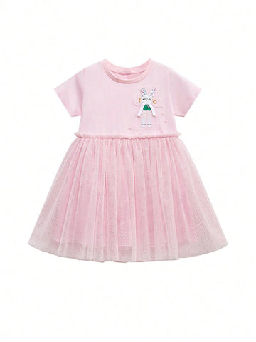 Young Girls' Cute Cartoon Patchwork Embroidery Mesh Short Sleeve Dress With Round Neckline For Summer, Western Style