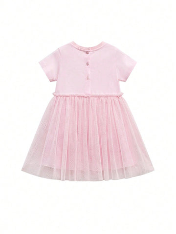 Young Girls' Cute Cartoon Patchwork Embroidery Mesh Short Sleeve Dress With Round Neckline For Summer, Western Style