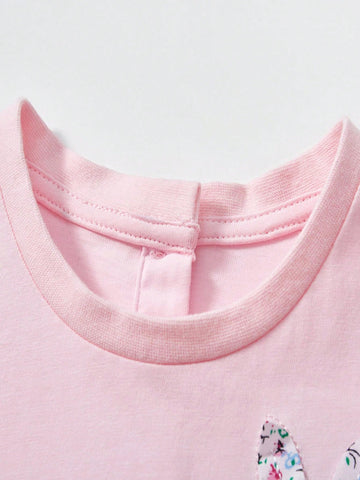 Young Girls' Cute Cartoon Patchwork Embroidery Mesh Short Sleeve Dress With Round Neckline For Summer, Western Style