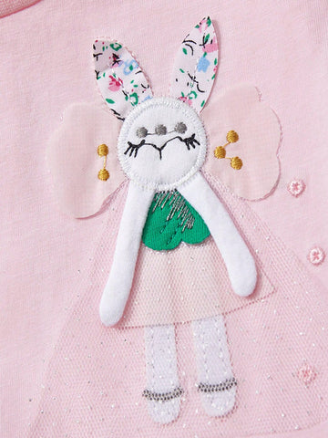 Young Girls' Cute Cartoon Patchwork Embroidery Mesh Short Sleeve Dress With Round Neckline For Summer, Western Style