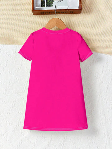 Young Girls' Cute Cartoon Princess Pattern Pink Short/Mid-Length Sleeve Dress, Suitable For Summer, Back-To-School Clothing
