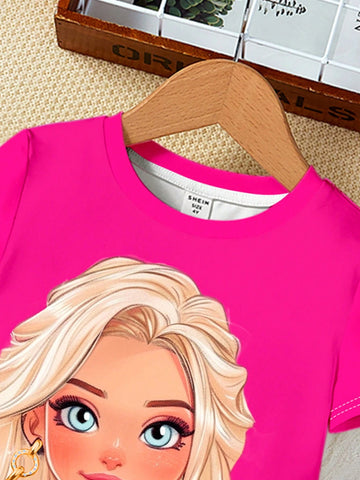 Young Girls' Cute Cartoon Princess Pattern Pink Short/Mid-Length Sleeve Dress, Suitable For Summer, Back-To-School Clothing