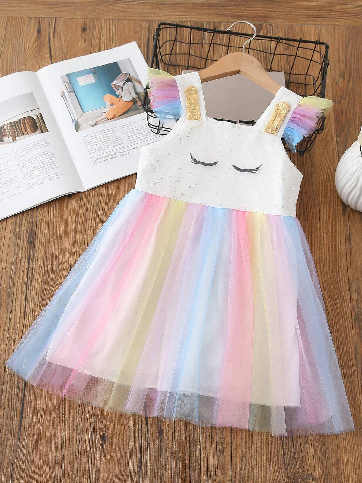 Young Girls' Cute Cartoon Printed Colorful Mesh Flutter Sleeve Dress, Summer