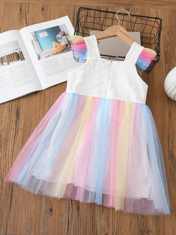 Young Girls' Cute Cartoon Printed Colorful Mesh Flutter Sleeve Dress, Summer