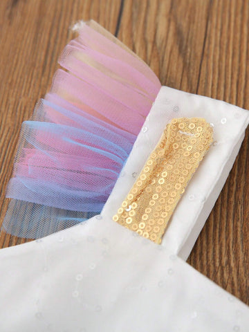 Young Girls' Cute Cartoon Printed Colorful Mesh Flutter Sleeve Dress, Summer