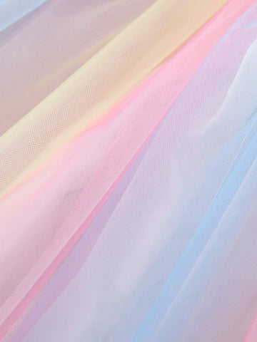 Young Girls' Cute Cartoon Printed Colorful Mesh Flutter Sleeve Dress, Summer