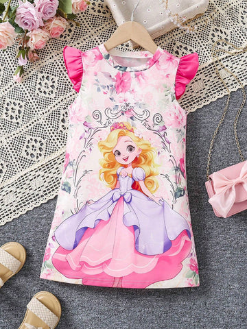 Young Girls' Cute Cartoon Printed Round Neck Summer Dress