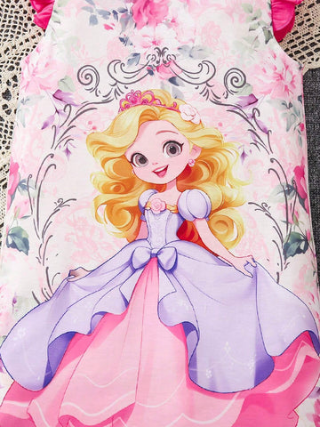 Young Girls' Cute Cartoon Printed Round Neck Summer Dress