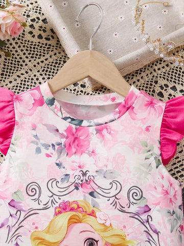 Young Girls' Cute Cartoon Printed Round Neck Summer Dress