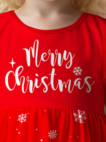 Young Girls Cute Cartoon Snowman, Reindeer, Christmas Tree, Snowflake Pattern Festive Red Sweet Cartoon Print Fashion Long Sleeve Christmas Dress, Suitable For Autumn/Winter