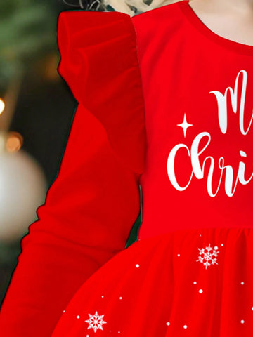 Young Girls Cute Cartoon Snowman, Reindeer, Christmas Tree, Snowflake Pattern Festive Red Sweet Cartoon Print Fashion Long Sleeve Christmas Dress, Suitable For Autumn/Winter