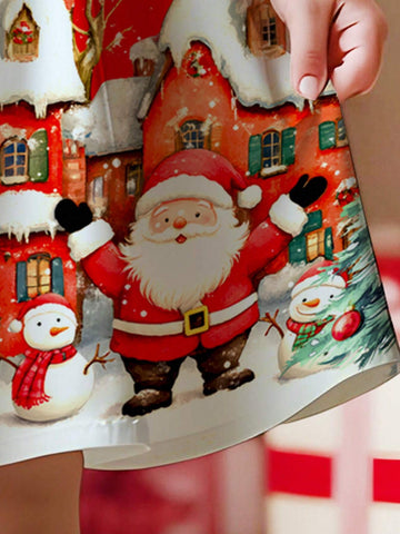 Young Girls Cute Cartoon Snowman, Reindeer, Christmas Tree, Snowflake Pattern Festive Red Sweet Cartoon Print Fashion Long Sleeve Christmas Dress, Suitable For Autumn/Winter