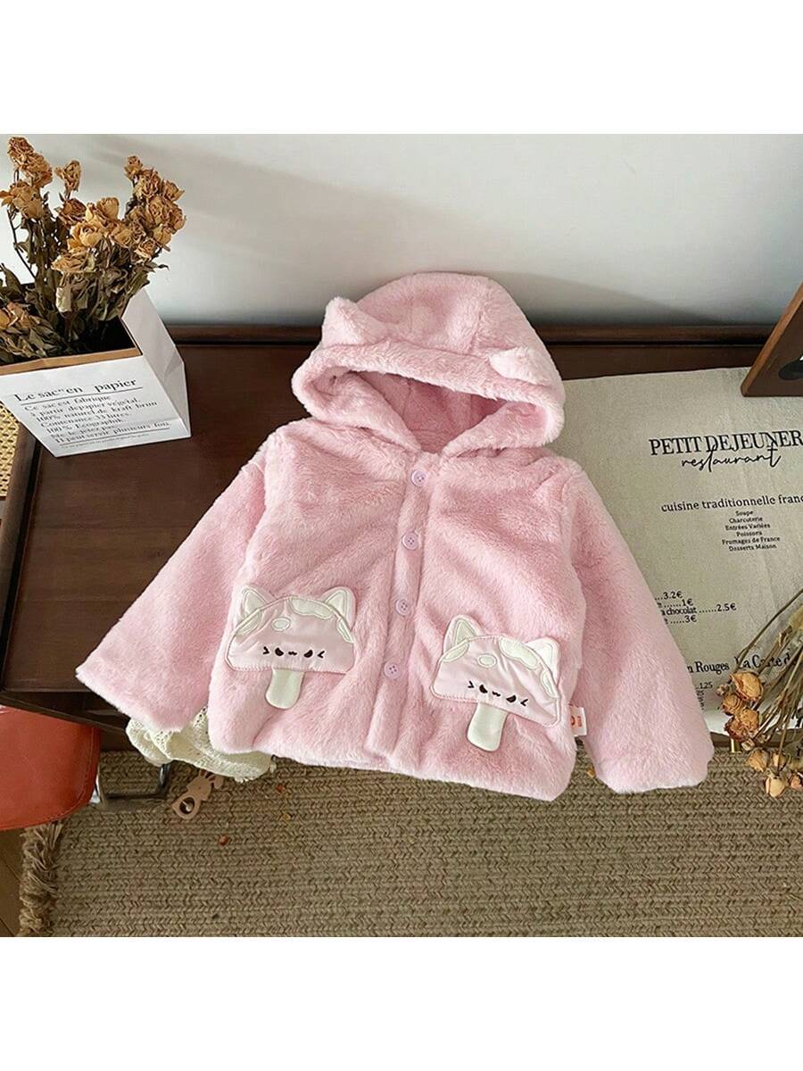 Young Girls Cute Cartoon Stick Fabric Embroidery Plush Fur Hooded Coat