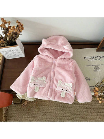 Young Girls Cute Cartoon Stick Fabric Embroidery Plush Fur Hooded Coat