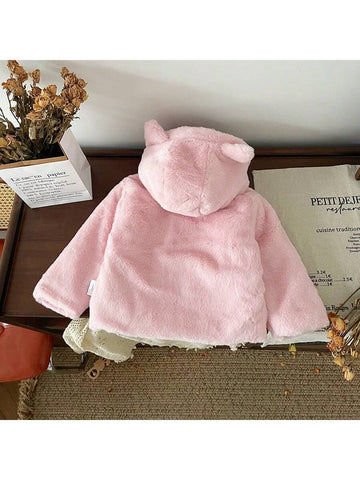 Young Girls Cute Cartoon Stick Fabric Embroidery Plush Fur Hooded Coat