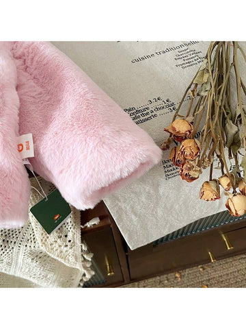 Young Girls Cute Cartoon Stick Fabric Embroidery Plush Fur Hooded Coat