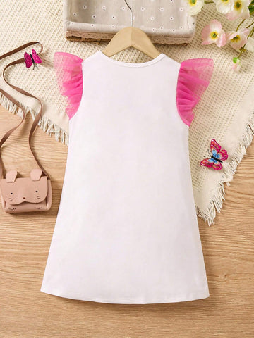 Young Girl's Cute Casual Dress With Pink Rabbit Girl And Mesh Patchwork