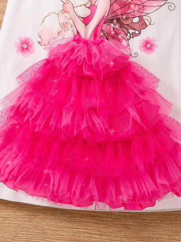 Young Girl's Cute Casual Dress With Pink Rabbit Girl And Mesh Patchwork