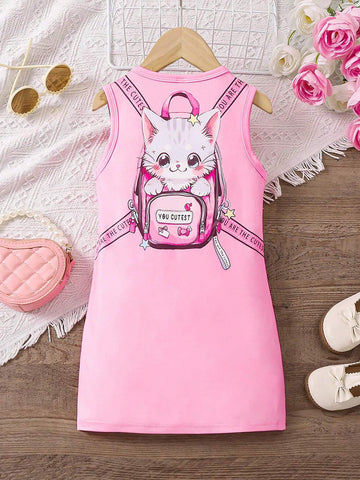 Young Girl's Cute Cat Backpack Print Sleeveless Dress