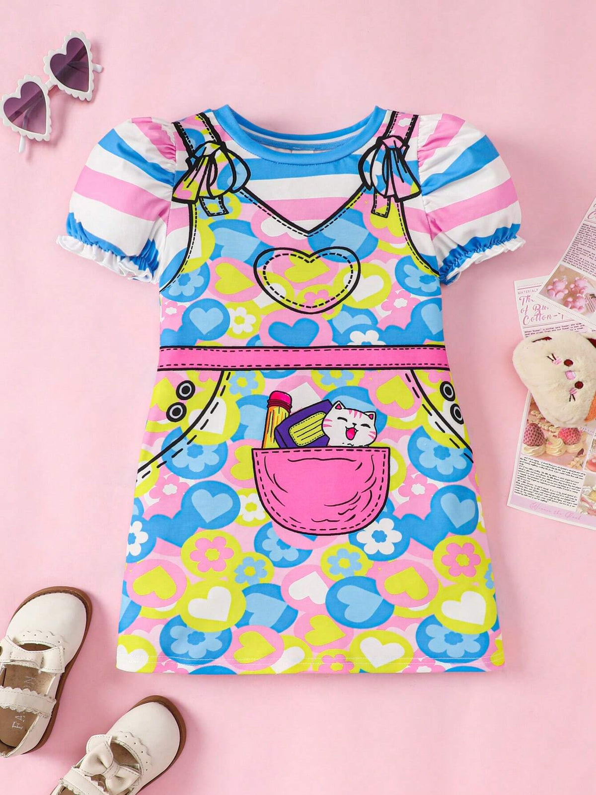 Young Girl's Cute Cat Pattern Puff Sleeve Loose Round Neck Dress