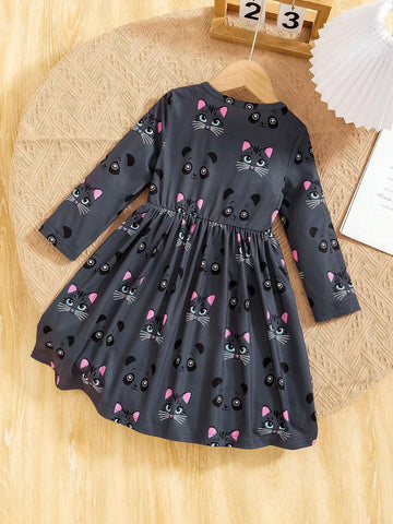 Young Girl's Cute Cat Print Long Sleeve Round Collar Dress