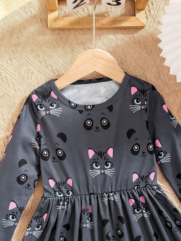 Young Girl's Cute Cat Print Long Sleeve Round Collar Dress