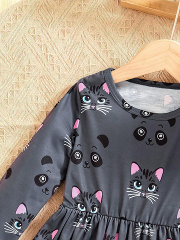 Young Girl's Cute Cat Print Long Sleeve Round Collar Dress