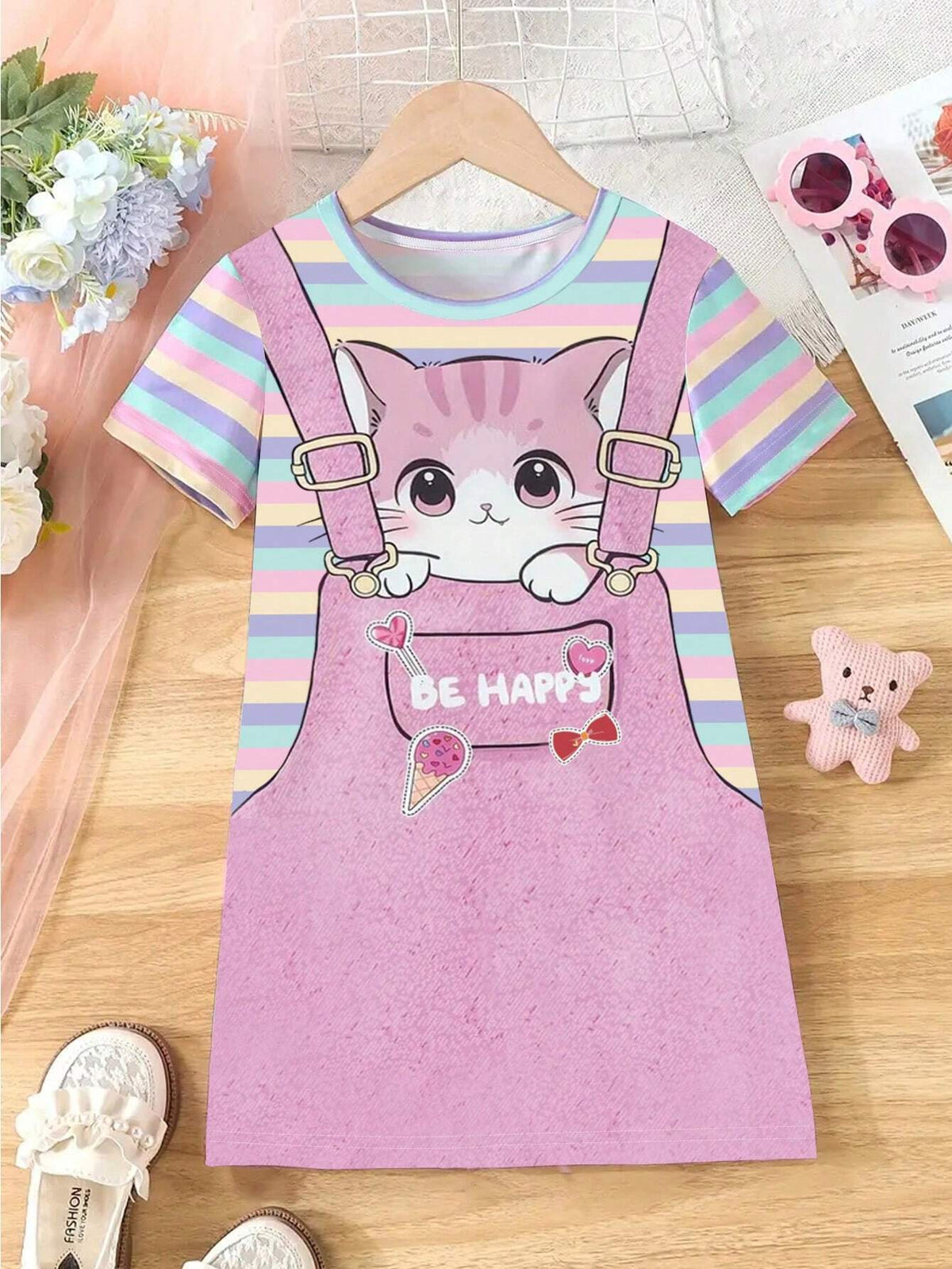 Young Girls' Cute Cat Printed Short Sleeve Dress, Summer