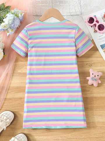 Young Girls' Cute Cat Printed Short Sleeve Dress, Summer