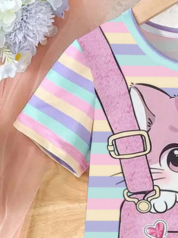 Young Girls' Cute Cat Printed Short Sleeve Dress, Summer