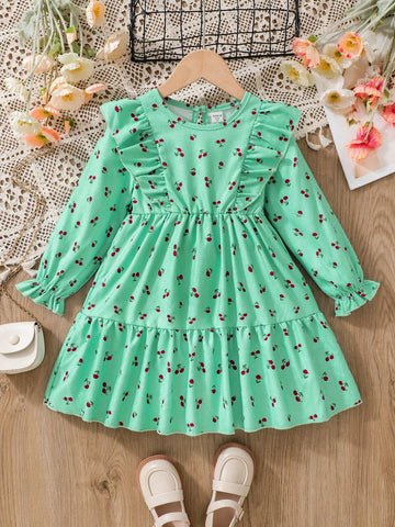Young Girls Cute Cherry Pattern Floral Ruffle Trim Corduroy Round Neck Long Sleeve Pastoral Style Sweet Casual Dress, Suitable For Fall/Winter Holiday And Daily Wear
