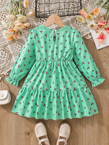 Young Girls Cute Cherry Pattern Floral Ruffle Trim Corduroy Round Neck Long Sleeve Pastoral Style Sweet Casual Dress, Suitable For Fall/Winter Holiday And Daily Wear