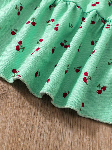 Young Girls Cute Cherry Pattern Floral Ruffle Trim Corduroy Round Neck Long Sleeve Pastoral Style Sweet Casual Dress, Suitable For Fall/Winter Holiday And Daily Wear