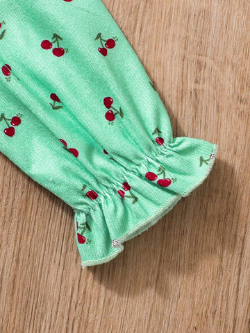 Young Girls Cute Cherry Pattern Floral Ruffle Trim Corduroy Round Neck Long Sleeve Pastoral Style Sweet Casual Dress, Suitable For Fall/Winter Holiday And Daily Wear