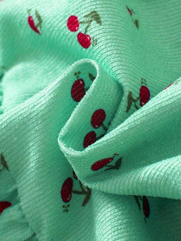 Young Girls Cute Cherry Pattern Floral Ruffle Trim Corduroy Round Neck Long Sleeve Pastoral Style Sweet Casual Dress, Suitable For Fall/Winter Holiday And Daily Wear