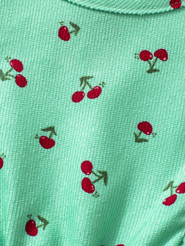 Young Girls Cute Cherry Pattern Floral Ruffle Trim Corduroy Round Neck Long Sleeve Pastoral Style Sweet Casual Dress, Suitable For Fall/Winter Holiday And Daily Wear