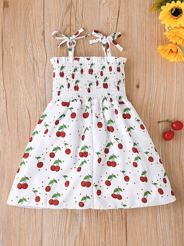 Young Girls' Cute Cherry Printed Ruffled Strap Tie-Up Dress For Summer
