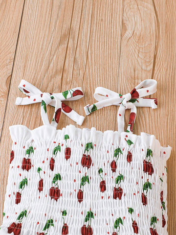 Young Girls' Cute Cherry Printed Ruffled Strap Tie-Up Dress For Summer