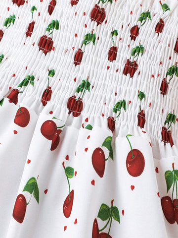 Young Girls' Cute Cherry Printed Ruffled Strap Tie-Up Dress For Summer