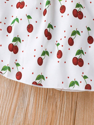 Young Girls' Cute Cherry Printed Ruffled Strap Tie-Up Dress For Summer
