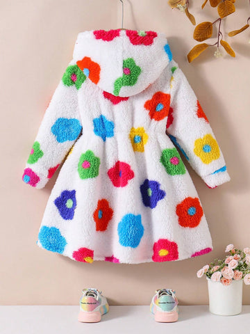 Young Girls' Cute Colorful Floral/Flower Pattern Teddy Hooded Sweatshir Dress, Warm And Comfortable Long Sleeve