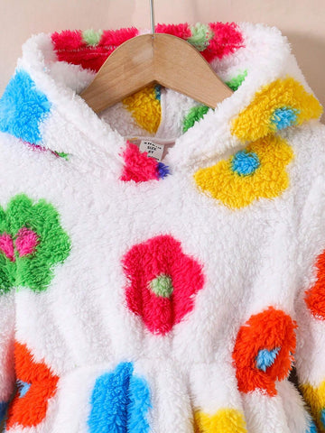 Young Girls' Cute Colorful Floral/Flower Pattern Teddy Hooded Sweatshir Dress, Warm And Comfortable Long Sleeve