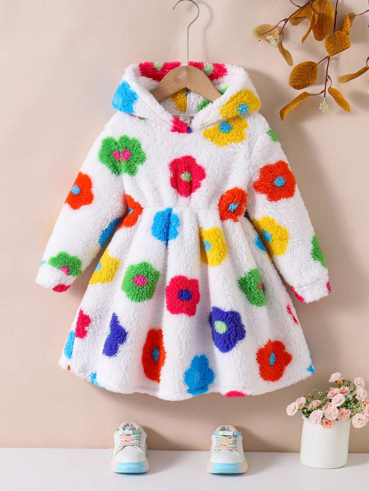 Young Girls' Cute Colorful Floral/Flower Pattern Teddy Hooded Sweatshir Dress, Warm And Comfortable Long Sleeve