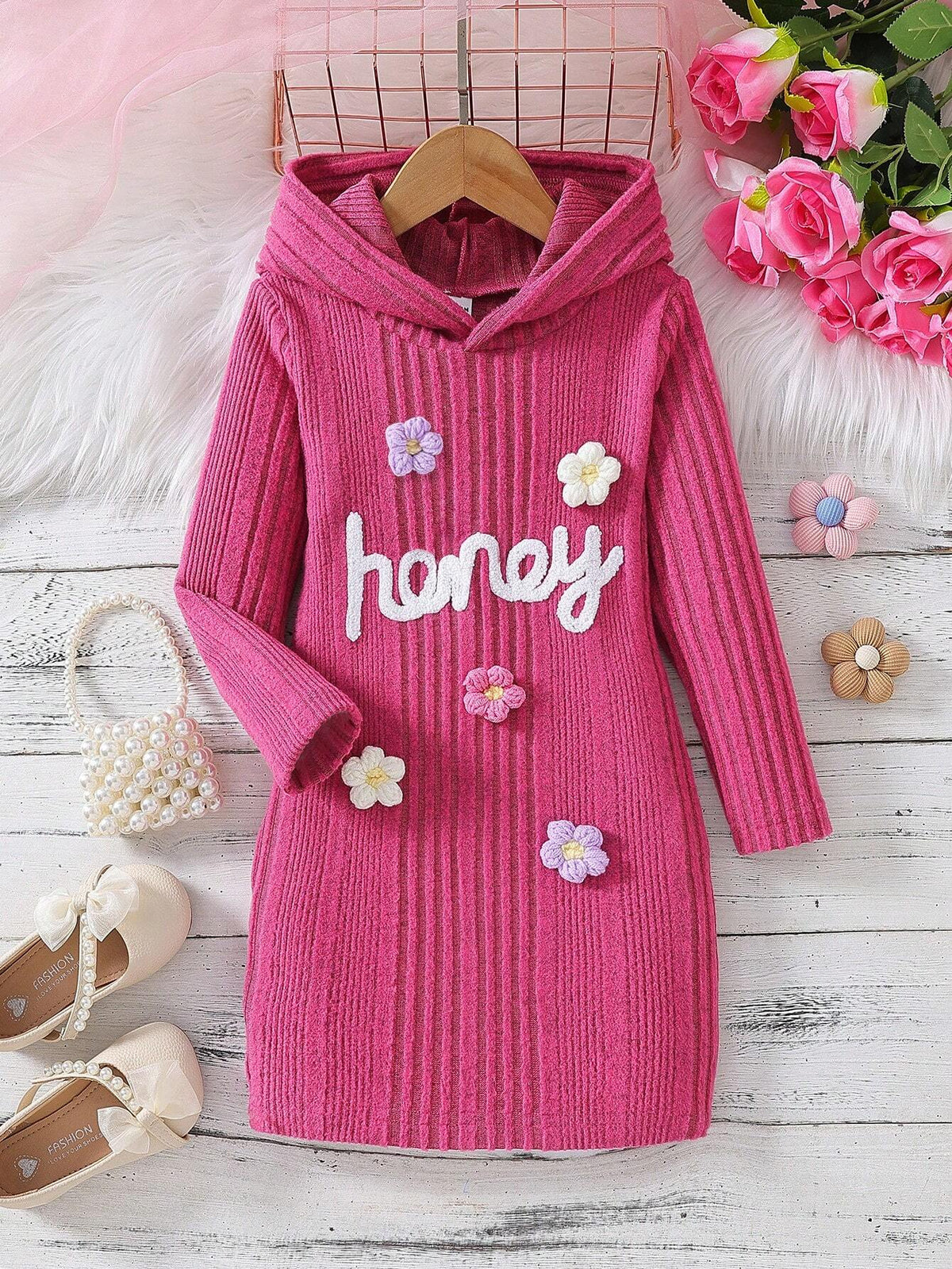 Young Girls Cute Colorful Floral Embroidered Fitted Elastic Waist Long Sleeve Dress