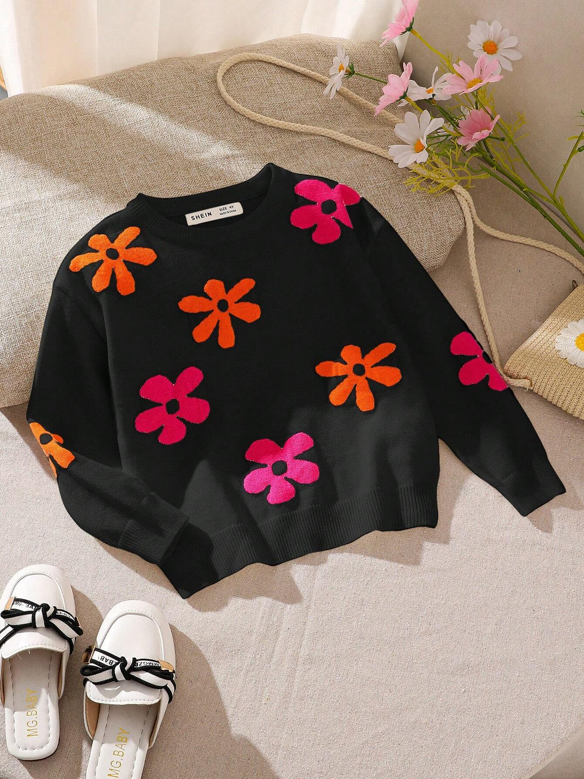 Young Girls' Cute Contrast Floral Pattern Drop Shoulder Sweater,For Halloween,Great For Casual & Daily Wear & School Daily In Autumn & Winter