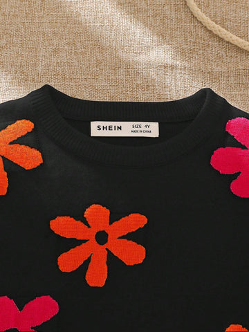 Young Girls' Cute Contrast Floral Pattern Drop Shoulder Sweater,For Halloween,Great For Casual & Daily Wear & School Daily In Autumn & Winter