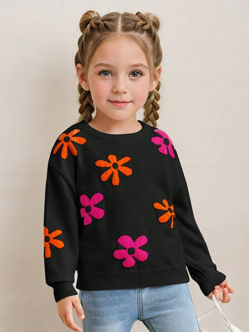 Young Girls' Cute Contrast Floral Pattern Drop Shoulder Sweater,For Halloween,Great For Casual & Daily Wear & School Daily In Autumn & Winter