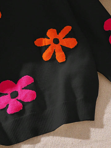 Young Girls' Cute Contrast Floral Pattern Drop Shoulder Sweater,For Halloween,Great For Casual & Daily Wear & School Daily In Autumn & Winter
